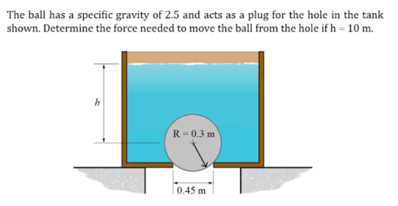 The ball has a specific gravity of 2.5 and acts as a plug for the hole in the tank
shown. Determine the force needed to move the ball from the hole if h = 10 m.
h
R= 0.3 m
0.45 m
