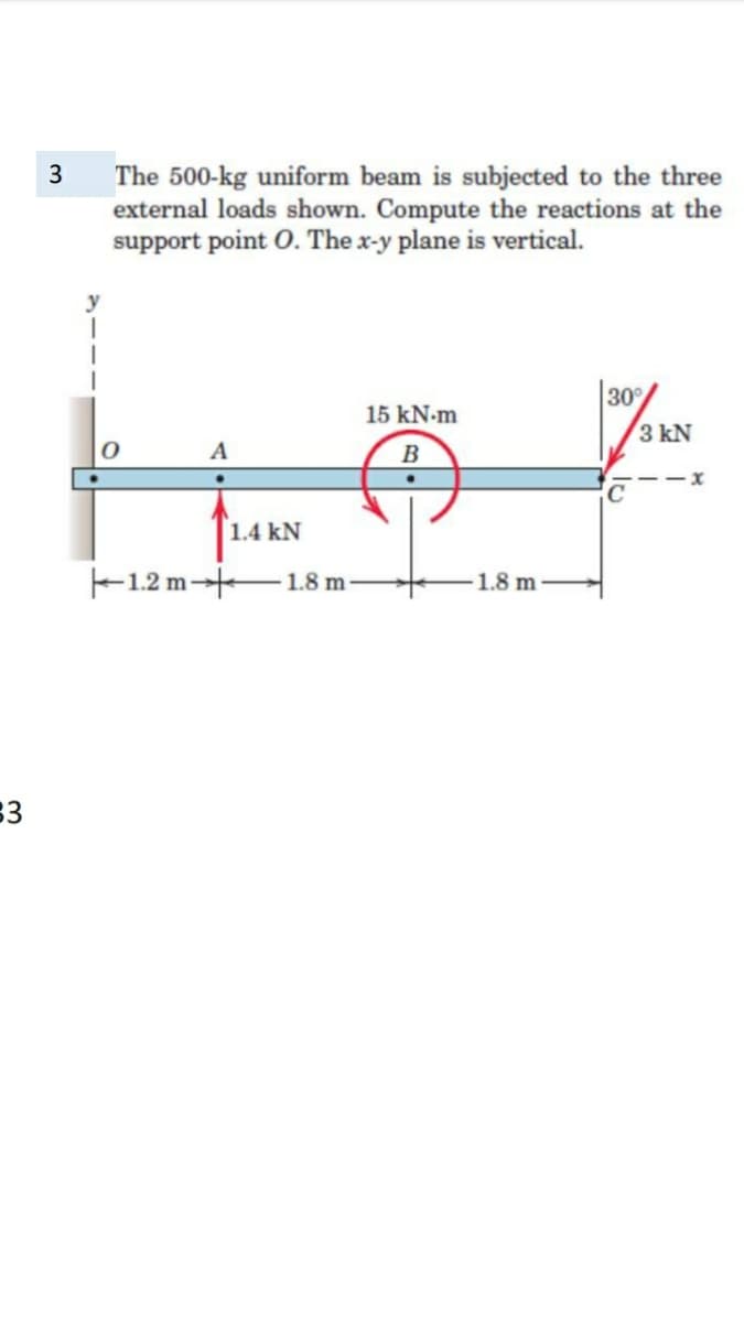3
The 500-kg uniform beam is subjected to the three
external loads shown. Compute the reactions at the
support point O. The x-y plane is vertical.
30
3 kN
15 kN-m
A
B
1.4 kN
F12 m 1.8 m-
1.8 m
33
