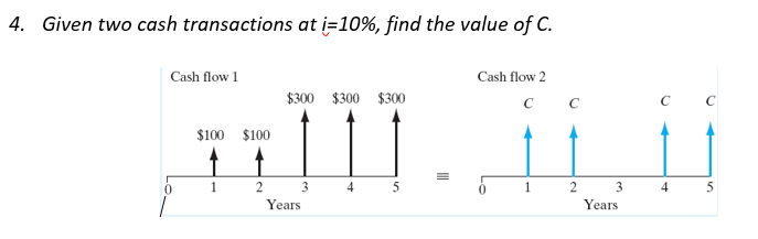 4. Given two cash transactions at i=10%, find the value of C.
Cash flow 1
Cash flow 2
$300 $300 $300
C C
C
C
$100 $100
3
1
2 3
4
Years
Years
