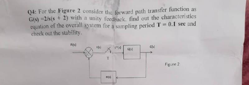 Q4: For the Figure 2 consider the forward path transfer function as
G(s) =2/s(s + 2) with a unity feedback. find out the characteristics
equation of the overall system for a sampling period T = 0.1 sec and
check out the stability.
R(s)
E(S)
E(6)
C(s)
G(s)
T
H(s)
Figure 2
