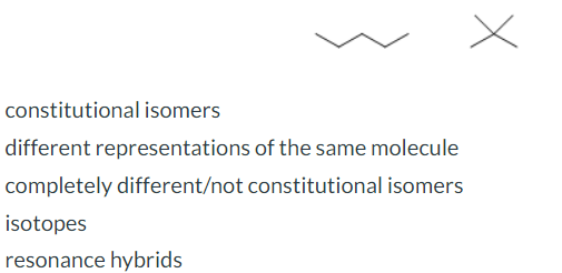 constitutional isomers
different representations of the same molecule
completely different/not constitutional isomers
isotopes
resonance hybrids
x