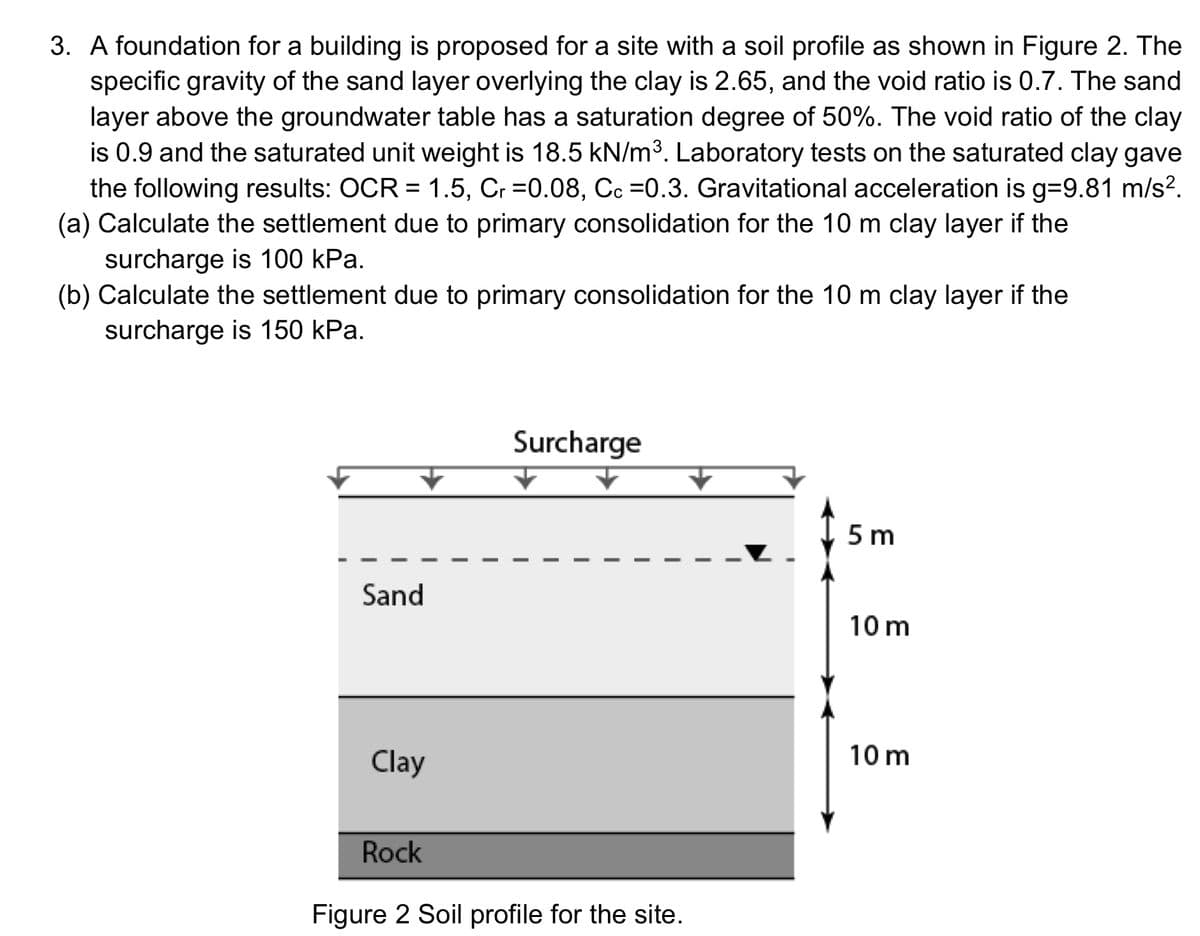 3. A foundation for a building is proposed for a site with a soil profile as shown in Figure 2. The
specific gravity of the sand layer overlying the clay is 2.65, and the void ratio is 0.7. The sand
layer above the groundwater table has a saturation degree of 50%. The void ratio of the clay
is 0.9 and the saturated unit weight is 18.5 kN/m³. Laboratory tests on the saturated clay gave
the following results: OCR = 1.5, Cr=0.08, Cc =0.3. Gravitational acceleration is g=9.81 m/s².
(a) Calculate the settlement due to primary consolidation for the 10 m clay layer if the
surcharge is 100 kPa.
(b) Calculate the settlement due to primary consolidation for the 10 m clay layer if the
surcharge is 150 kPa.
Sand
Clay
Surcharge
Rock
Figure 2 Soil profile for the site.
5 m
10 m
10 m