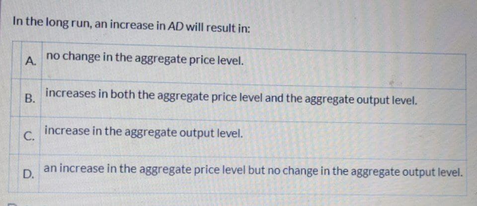 In the long run, an increase in AD will result in:
no change in the aggregate price level.
А.
increases in both the aggregate price level and the aggregate output level.
В.
increase in the aggregate output level.
С.
an increase in the aggregate price level but no change in the aggregate output level.
D.
