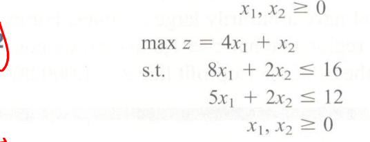 X1, X2 2 ()
max z =
4x1 + x2
s.t.
8x1 + 2x2 < 16
5x1 + 2x2 < 12
X1, X2 2 )
