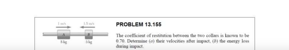 I mk
1.5 m/
PROBLEM 13.155
The coefficient of restitution between the two collars is known to be
3 kg
0.70. Determine (a) their velocities after impact, (b) the energy loss
during impact.
5 kg
