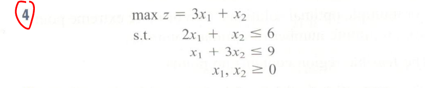 4
max z = 3x1 + x2
s.t.
2x1 + x2 S 6
X1 + 3x2 < 9
X1, X2 2 ()
