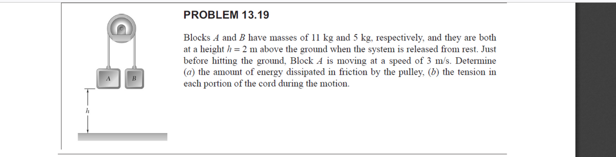 PROBLEM 13.19
Blocks A and B have masses of 11 kg and 5 kg, respectively, and they are both
at a height h = 2 m above the ground when the system is released from rest. Just
before hitting the ground, Block A is moving at a speed of 3 m/s. Determine
(a) the amount of energy dissipated in friction by the pulley, (b) the tension in
each portion of the cord during the motion.
B
