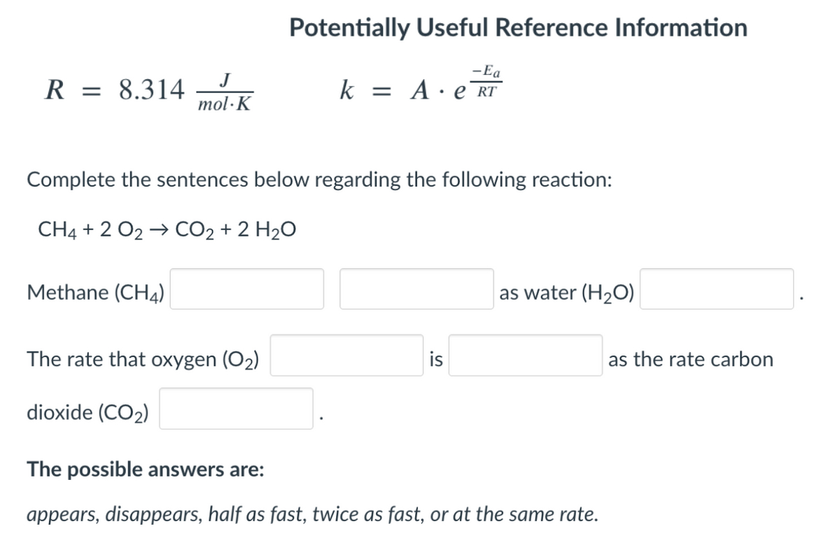 Potentially Useful Reference Information
-Ea
J
R = 8.314
k = A· e RT
mol ·K
Complete the sentences below regarding the following reaction:
CH4 + 2 O2 → CO2 + 2 H2O
Methane (CH4)
as water (H2O)
The rate that oxygen (O2)
is
as the rate carbon
dioxide (CO2)
The possible answers are:
appears, disappears, half as fast, twice as fast, or at the same rate.
