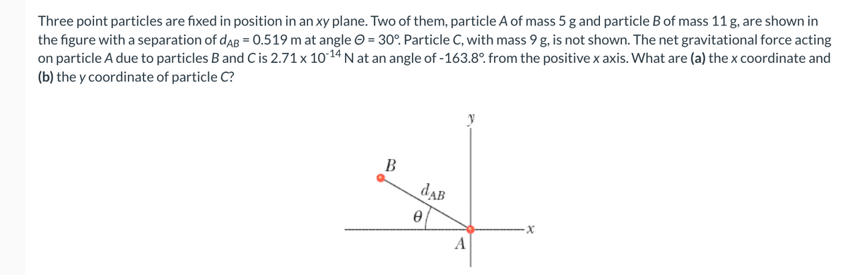 , are:
Three point particles are fixed in position in an xy plane. Two of them, particle A of mass 5 g and particle B of mass 11 g, are shown in
the figure with a separation of dAB = 0.519 m at angle O = 30°. Particle C, with mass 9 g, is not shown. The net gravitational force acting
on particle A due to particles B and Cis 2.71 x 1014 N at an angle of -163.8°. from the positive x axis. What are (a) the x coordinate and
(b) the y coordinate of particle C?
В
dAB
A
