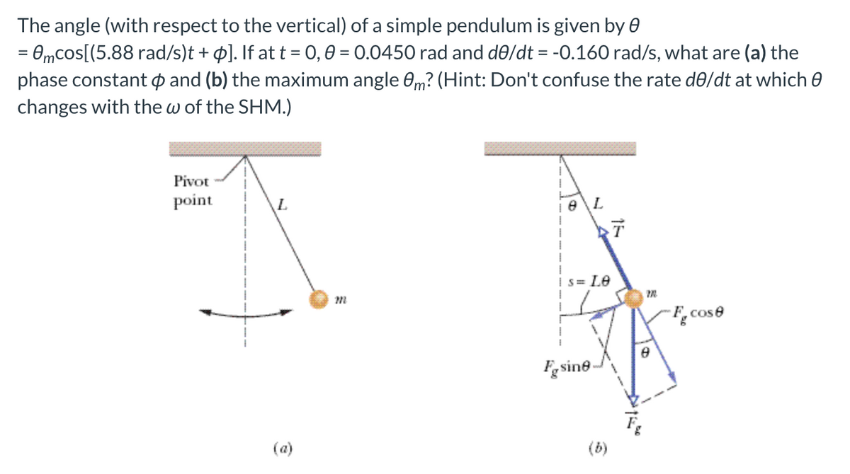 The angle (with respect to the vertical) of a simple pendulum is given by 0
= 0mcos[(5.88 rad/s)t + ø]. If at t = 0, 0 = 0.0450 rad and d0/dt = -0.160 rad/s, what are (a) the
phase constant o and (b) the maximum angle 0m? (Hint: Don't confuse the rate d0/dt at which 0
changes with the w of the SHM.)
%3D
Pivot
point
L.
Is= Le
F.cose
Fg sine
(a)
(6)
