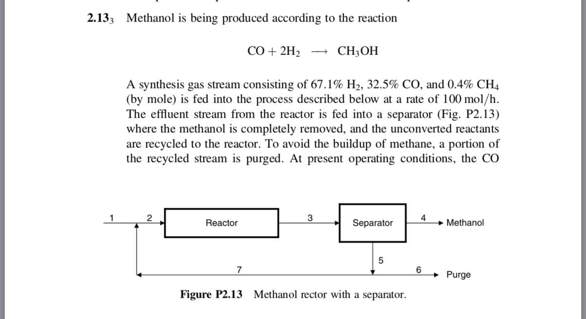 2.133 Methanol is being produced according to the reaction
CO + 2H2
CH3OH
A synthesis gas stream consisting of 67.1% H2, 32.5% CO, and 0.4% CH4
(by mole) is fed into the process described below at a rate of 100 mol/h.
The effluent stream from the reactor is fed into a separator (Fig. P2.13)
where the methanol is completely removed, and the unconverted reactants
are recycled to the reactor. To avoid the buildup of methane, a portion of
the recycled stream is purged. At present operating conditions, the CO
1
2
Reactor
3
Separator
4
→ Methanol
5
7
Purge
Figure P2.13 Methanol rector with a separator.
