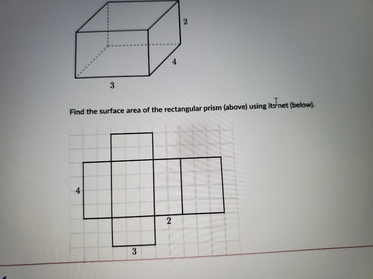 4
3
Find the surface area of the rectangular prism (above) using its net (below).
2
