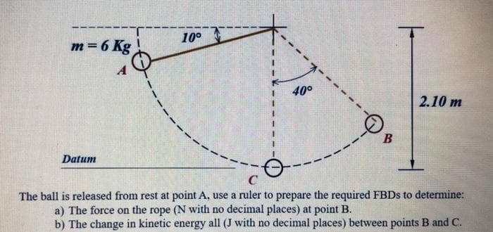 10°
m = 6 Kg
40°
2.10 m
3.
3.
B
Datum
The ball is released from rest at point A, use a ruler to prepare the required FBDS to determine:
a) The force on the rope (N with no decimal places) at point B.
b) The change in kinetic energy all (J with no decimal places) between points B and C.
