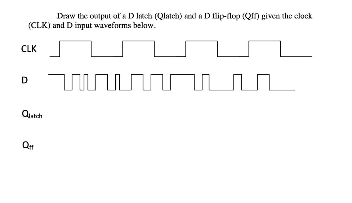 Draw the output of a D latch (Qlatch) and a D flip-flop (Qff) given the clock
(CLK) and D input waveforms below.
CLK
Qiatch
Qff
