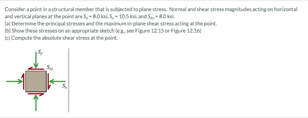 Consider a point in a structural member that is subjected to plane stress. Normal and shear stress magnitudes acting on horizontal
and vertical planes at the point are S, = 8.0 ksi, S, = 10.5 ksi, and Sxy = 8.0 ksi.
(a) Determine the principal stresses and the maximum in-plane shear stress acting at the point.
(b) Show these stresses on an appropriate sketch (e.g., see Figure 12.15 or Figure 12.16)
(c) Compute the absolute shear stress at the point.
Sy
Sxy
S.
