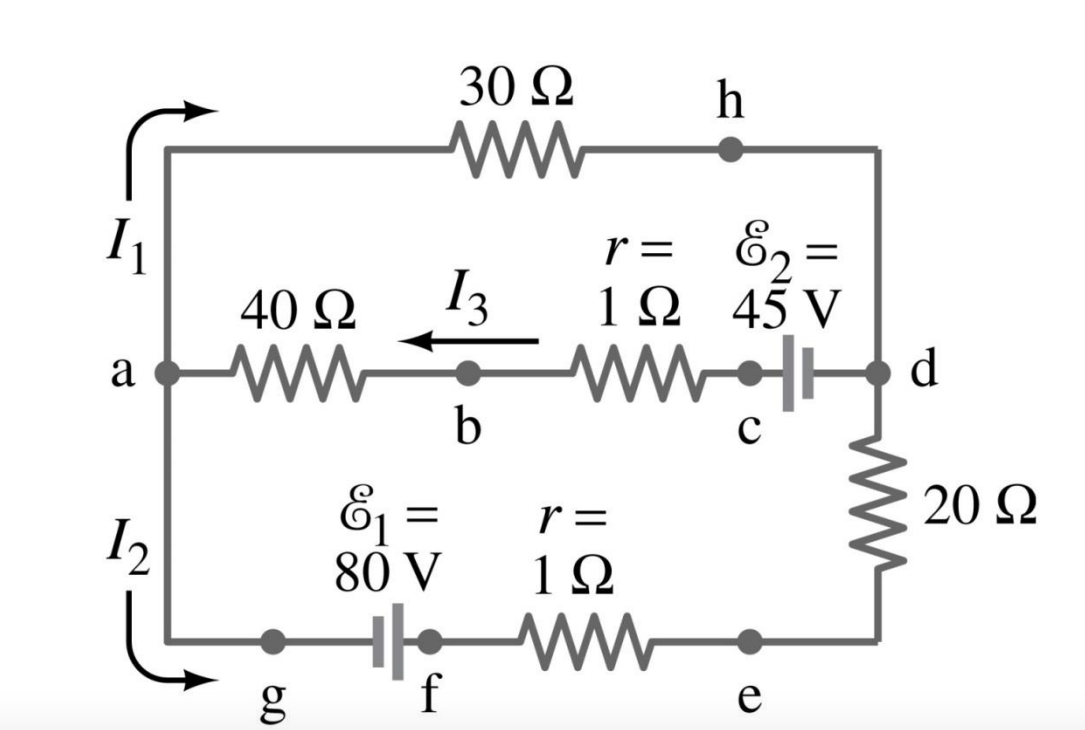 1₁
a
12
40 Ω
g
30 Ω
ww
13
b
&₁ =
80 V
f
h
r=
19 45 V
&₂ =
www.
r =
1Ω
ww
e
d
20 Ω