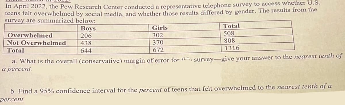 In April 2022, the Pew Research Center conducted a representative telephone survey to access whether U.S.
teens felt overwhelmed by social media, and whether those results differed by gender. The results from the
survey are summarized below:
Overwhelmed
Not Overwhelmed
Total
Boys
206
438
644
Girls
302
370
672
Total
508
808
1316
a. What is the overall (conservative) margin of error for this survey-give your answer to the nearest tenth of
a percent.
b. Find a 95% confidence interval for the percent of teens that felt overwhelmed to the nearest tenth of a
percent