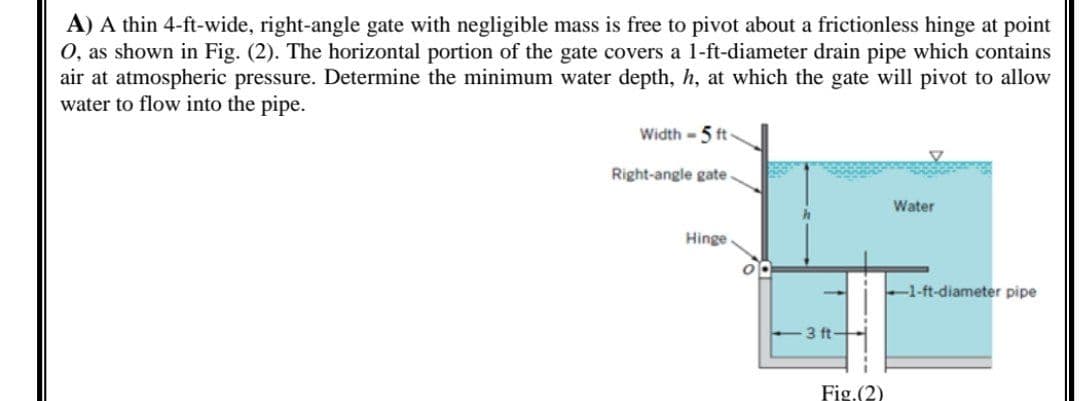 A) A thin 4-ft-wide, right-angle gate with negligible mass is free to pivot about a frictionless hinge at point
O, as shown in Fig. (2). The horizontal portion of the gate covers a 1-ft-diameter drain pipe which contains
air at atmospheric pressure. Determine the minimum water depth, h, at which the gate will pivot to allow
water to flow into the pipe.
Width - 5 ft
Right-angle gate
Water
Hinge
1-ft-diameter pipe
3 ft-
Fig.(2)
