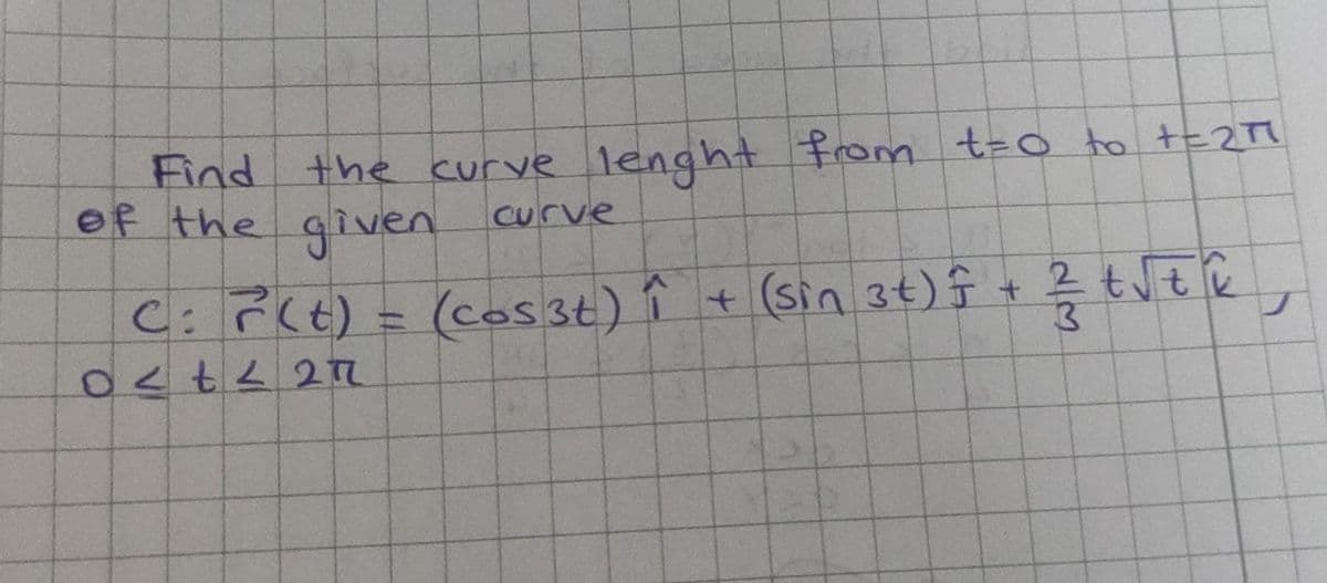 Find the curve lenght from t=o to te2 TI
of the given
Curve
C:P(t) = (cos3t) Î + (sin 3t) Î +
3.
