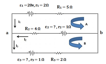 E1 =20v, ri= 20
R1 = 50
A
R2 = 40
E2 =?,r2=10
a
b
E3 = ?,r3=1N
R3 = 20
