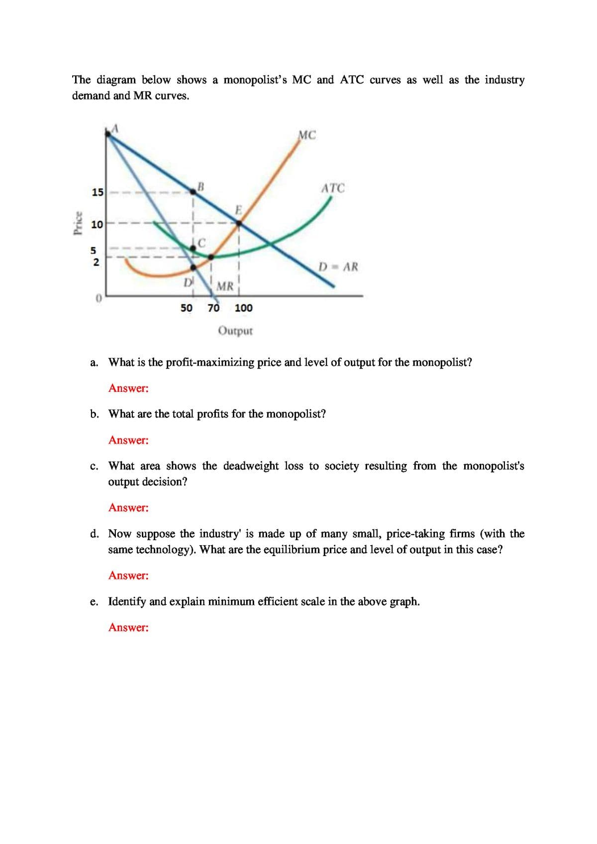The diagram below shows a monopolist's MC and ATC curves as well as the industry
demand and MR curves.
MC
ATC
15
E
10
5
2
D AR
D
MR
50 70
100
Output
a. What is the profit-maximizing price and level of output for the monopolist?
Answer:
b. What are the total profits for the monopolist?
Answer:
c. What area shows the deadweight loss to society resulting from the monopolist's
output decision?
Answer:
d. Now suppose the industry' is made up of many small, price-taking firms (with the
same technology). What are the equilibrium price and level of output in this case?
Answer:
e. Identify and explain minimum efficient scale in the above graph.
Answer:
Price
