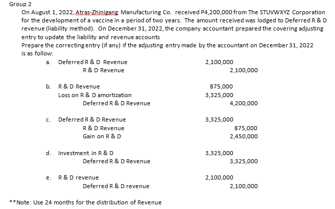 Group 2
On August 1, 2022, Atras-Zhinigang Manufacturing Co. received P4,200,000 from The STUVWXYZ Corporation
for the development of a vaccine in a period of two years. The amount received was lodged to Deferred R & D
revenue (liability method). On December 31, 2022, the company accountant prepared the covering adjusting
entry to update the liability and revenue accounts
Prepare the correcting entry (if any) if the adjusting entry made by the accountant on December 31, 2022
is as follow:
Deferred R & D Revenue
2,100,000
a.
R&D Revenue
2,100,000
b.
R &D Revenue
875,000
Loss on R & D amortization
3,325,000
Deferred R &D Revenue
4,200,000
Deferred R & D Revenue
3,325,000
c.
R&D Revenue
875,000
Gain on R & D
2,450,000
d. Investment in R & D
3,325,000
Deferred R & D Revenue
3,325,000
e. R&D revenue
2,100,000
Deferred R & D revenue
2,100,000
** Note: Use 24 months for the distribution of Revenue
