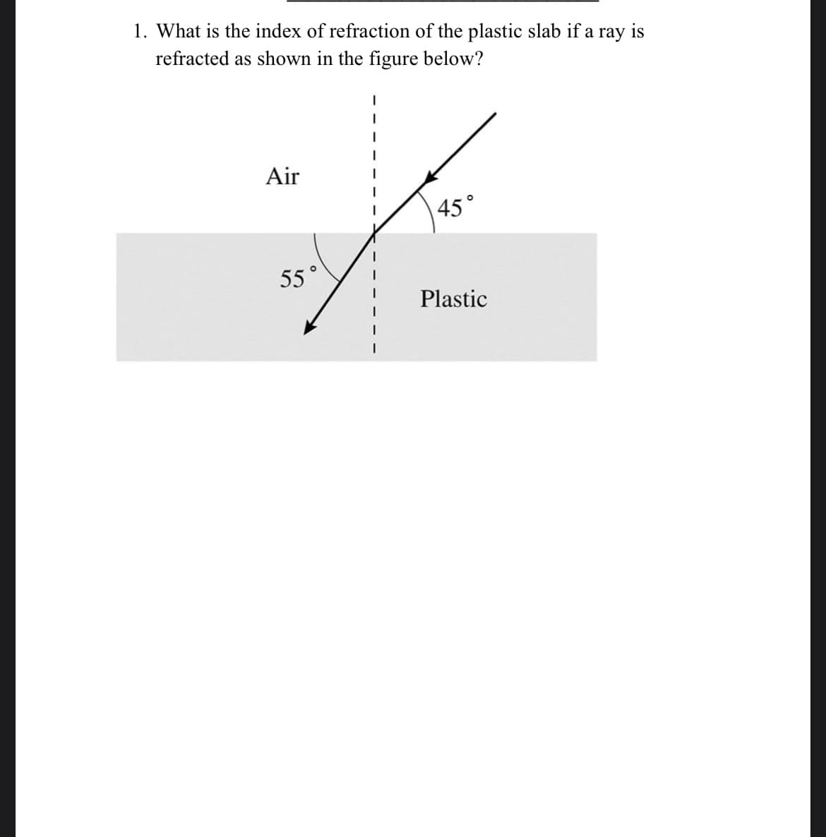 1. What is the index of refraction of the plastic slab if a ray is
refracted as shown in the figure below?
Air
55°
45°
Plastic