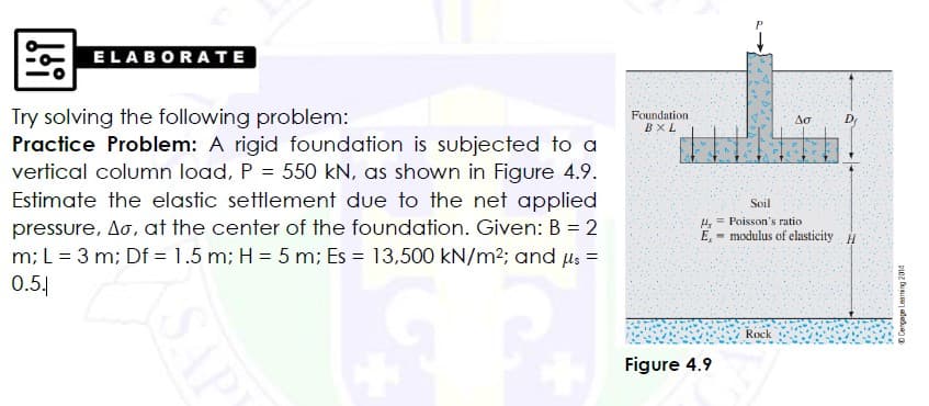 ELABORATE
Try solving the following problem:
Practice Problem: A rigid foundation is subjected to a
vertical column load, P = 550 kN, as shown in Figure 4.9.
Estimate the elastic settlement due to the net applied
pressure, Ao, at the center of the foundation. Given: B = 2
m; L = 3 m; Df = 1.5 m; H = 5 m; Es = 13,500 kN/m²; and μs =
0.5.
SAP
Foundation
BXL
D
Soil
H, Poisson's ratio.
E₂ -modulus of elasticity H
Rock
Figure 4.9
Ag
Cengage Leaming 2014