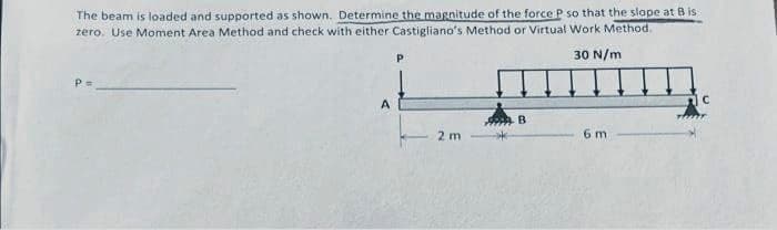 The beam is loaded and supported as shown. Determine the magnitude of the force P so that the slope at B is
zero. Use Moment Area Method and check with either Castigliano's Method or Virtual Work Method.
30 N/m
P=
A
B.
2 m
6 m
