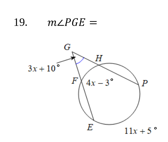 19.
M2PGE =
G
H
Зх + 10°
FX 4x – 3°
P
E
11х + 5°
