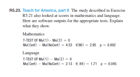 R5.23. Teach for America, part II The study described in Exercise
R5.21 also looked at scores in mathematics and language.
Here are software outputs for the appropriate tests. Explain
what they show.
Mathematics
T-TEST OF Mu(1) - Mu(2) = 0
Mu(Cert) - Mu(NoCert) = 4.53 t(86) = 2.95 p = 0.002
Language
T-TEST OF Mu(1) - Mu(2) = 0
Mu(Cert) - Mu(NoCert) = 2.13 t(84) = 1.71 p = 0.045