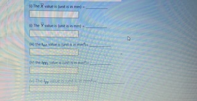 (1) The X value is (unit is in mm)
) The Y value is (unit is in mm)
(iii) the lyyt value is (unit is in mm)=
(iv) the lyy, value is (unit is in mm)=
(V) The lyy value is (unit is in mmf)=
