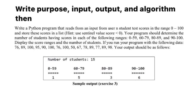 Write purpose, input, output, and algorithm
then
Write a Python program that reads from an input from user n student test scores in the range 0 – 100
and store these scores in a list (Hint: use sentinel value score < 0). Your program should determine the
number of students having scores in each of the following ranges: 0-59, 60-79, 80-89, and 90-100.
Display the score ranges and the number of students. If you run your program with the following data:
76, 89, 100, 95, 90, 100, 76, 100, 50, 67, 78, 89, 77, 89, 98. Your output should be as follows:
Number of students: 15
e-59
60-79
80-89
90-100
=====
======
1
5
3
Sample output (exercise 3)
