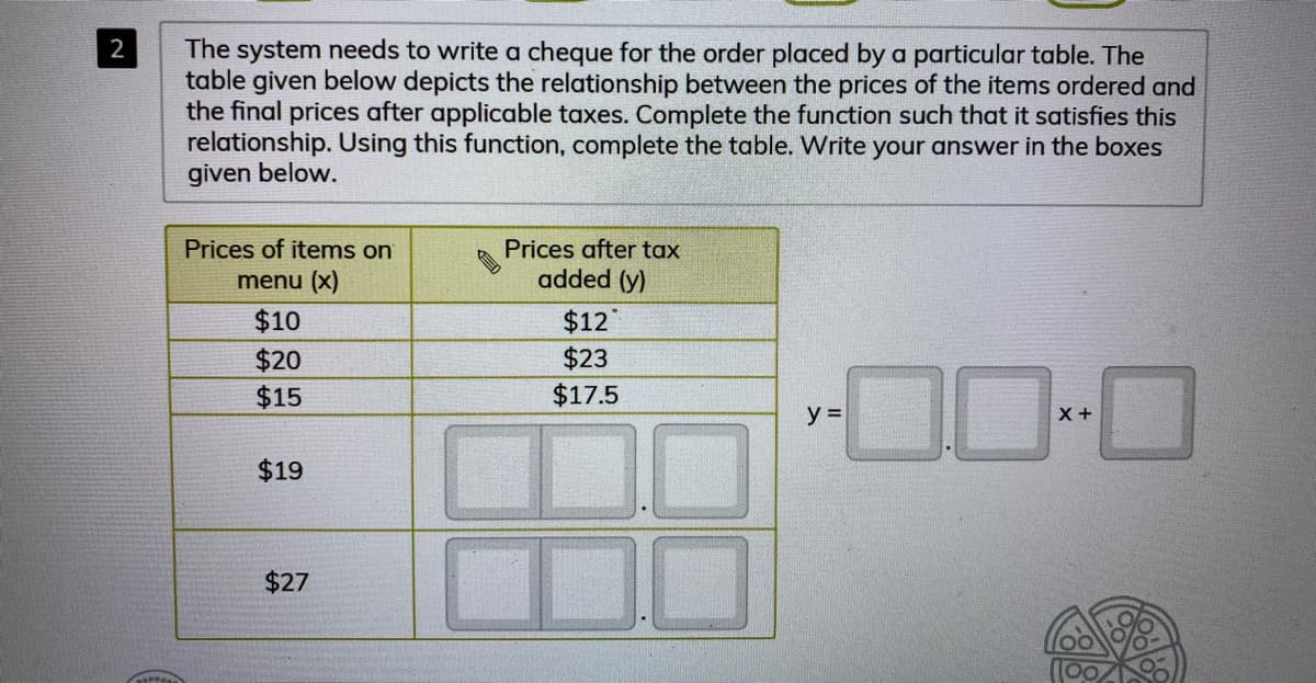 The system needs to write a cheque for the order placed by a particular table. The
table given below depicts the relationship between the prices of the items ordered and
the final prices after applicable taxes. Complete the function such that it satisfies this
relationship. Using this function, complete the table. Write your answer in the boxes
given below.
2
Prices of items on
Prices after tax
menu (x)
added (y)
$10
$12
$23
$17.5
$20
$15
y =
$19
$27
