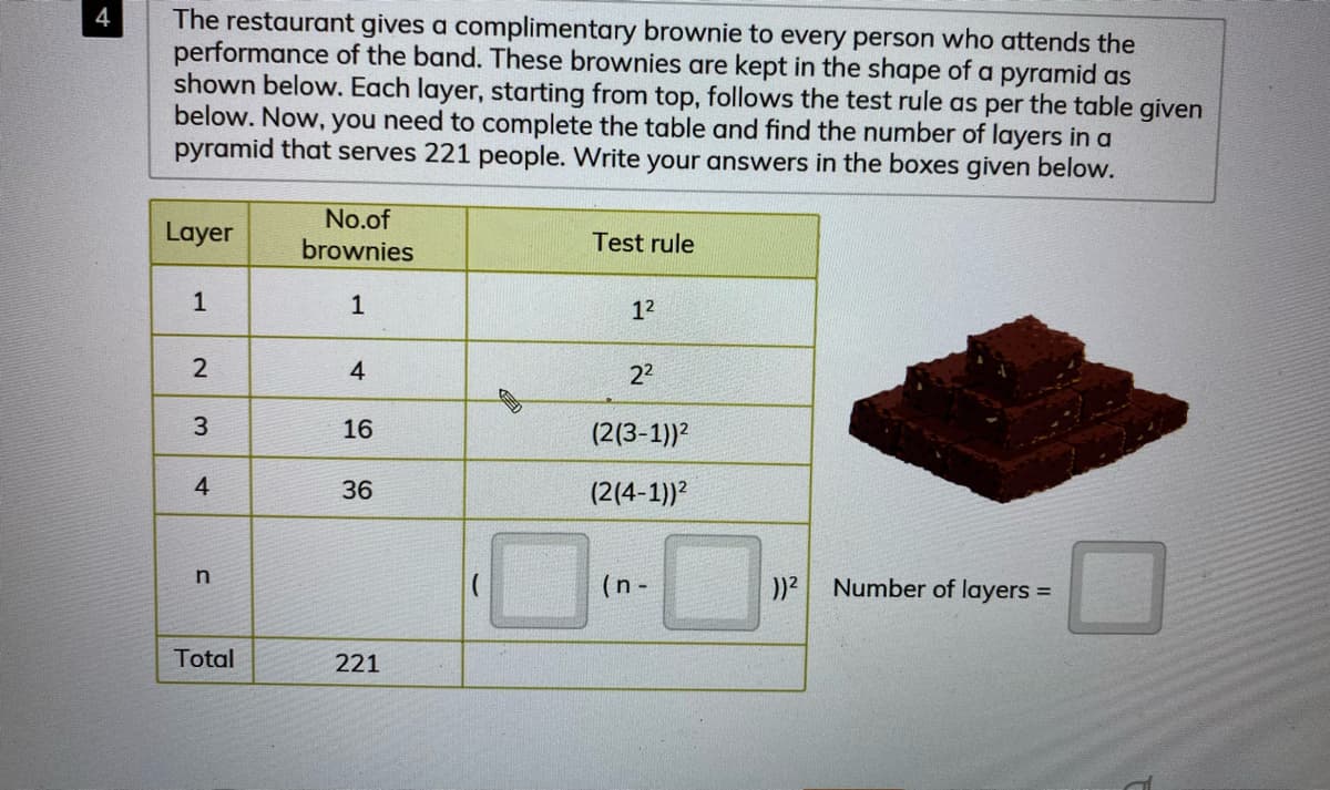 The restaurant gives a complimentary brownie to every person who attends the
performance of the band. These brownies are kept in the shape of a pyramid as
shown below. Each layer, starting from top, follows the test rule as per the table given
below. Now, you need to complete the table and find the number of layers in a
pyramid that serves 221 people. Write your answers in the boxes given below.
4
No.of
Layer
Test rule
brownies
1
1
12
4
22
3
16
(2(3-1))2
4
36
(2(4-1))?
n
(n -
Number of layers =
Total
221
