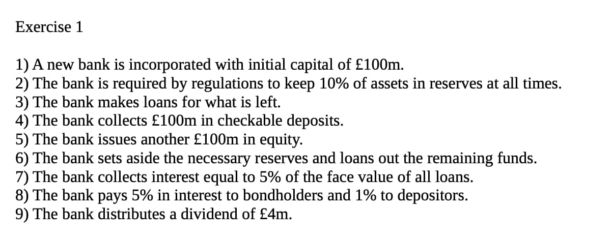 Exercise 1
1) A new bank is incorporated with initial capital of £100m.
2) The bank is required by regulations to keep 10% of assets in reserves at all times.
3) The bank makes loans for what is left.
4) The bank collects £100m in checkable deposits.
5) The bank issues another £100m in equity.
6) The bank sets aside the necessary reserves and loans out the remaining funds.
7) The bank collects interest equal to 5% of the face value of all loans.
8) The bank pays 5% in interest to bondholders and 1% to depositors.
9) The bank distributes a dividend of £4m.

