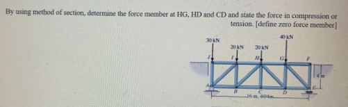 By using method of section, determine the force member at HG, HD and CD and state the force in compression or
tension. [define zero force member]
40 AN
30 kN
20AN
20KN
6m, 4m.
