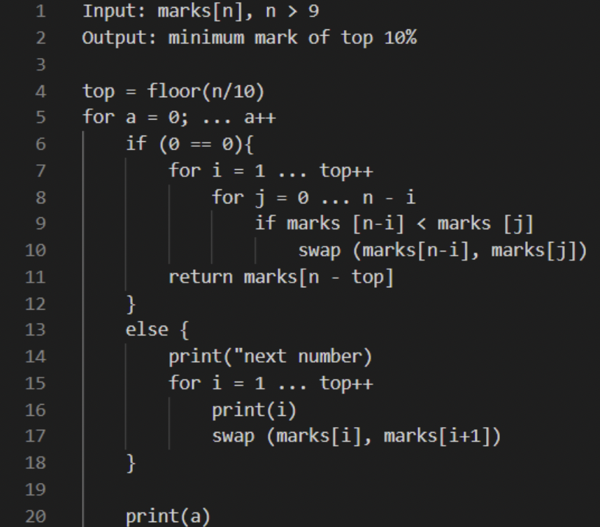 Input: marks[n], n > 9
Output: minimum mark of top 10%
1
2
3
4
top
floor(n/10)
%3D
for a = 0;
a++
...
6.
if (0 == 0){
1 ... top++
for j = 0 ... n - i
if marks [n-i] < marks [j]
swap (marks[n-i], marks[j])
7
for i
8
9.
10
11
return marks[n - top]
12
13
else {
print("next number)
for i = 1 ... top++
print(i)
swap (marks[i], marks[i+1])
14
15
16
17
18
}
19
20
print(a)
