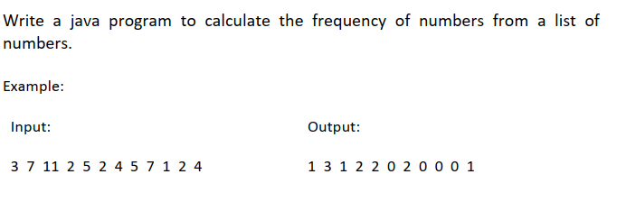 Write a java program to calculate the frequency of numbers from a list of
numbers.
Example:
Input:
Output:
37 11 2 5 2 4 5 7 1 2 4
1 3 1 2 20 20 0 0 1

