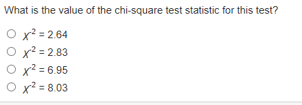 What is the value of the chi-square test statistic for this test?
O x? = 2.64
O x² = 2.83
x² = 6.95
O x? = 8.03
