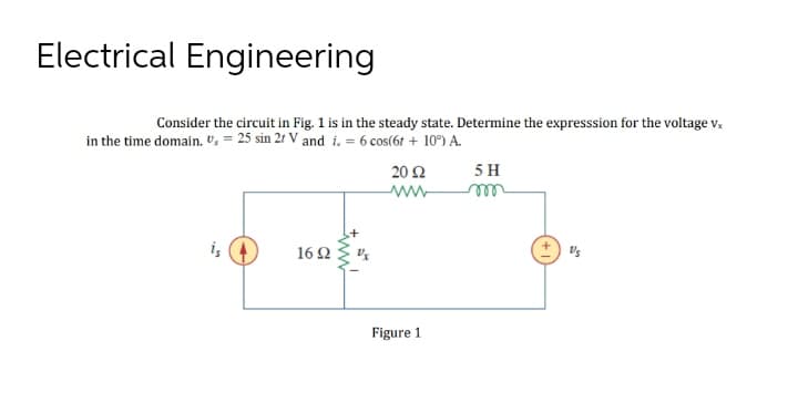 Electrical Engineering
Consider the circuit in Fig. 1 is in the steady state. Determine the expresssion for the voltage vx
in the time domain. ", = 25 sin 21 V and i. = 6 cos(6t + 10%) A.
20 Ω
www
5 H
m
is
1692
Figure 1