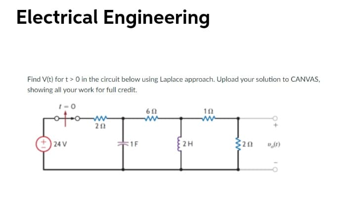 Electrical Engineering
Find V(t) for t > 0 in the circuit below using Laplace approach. Upload your solution to CANVAS,
showing all your work for full credit.
t-0
24 V
1F
2H
