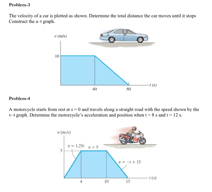 Problem-3
The velocity of a car is plotted as shown. Determine the total distance the car moves until it stops
Construct the a-t graph.
v (m/s)
10
-1 (s)
40
80
Problem-4
A motorcycle starts from rest at s = 0 and travels along a straight road with the speed shown by the
v-t graph. Determine the motorcycle's acceleration and position when t = 8 s and t = 12 s.
v (m/s)
v = 1.25t v = 5
5
v = -1+ 15
1(s)
10
15
