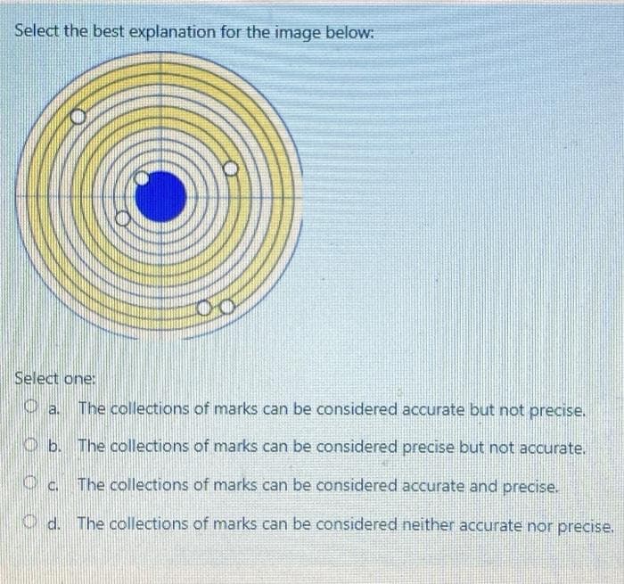Select the best explanation for the image below:
Select one:
O a The collections of marks can be considered accurate but not precise.
O b. The collections of marks can be considered precise but not accurate.
Oc The collections of marks can be considered accurate and precise.
O d. The collections of marks can be considered neither accurate nor precise.
