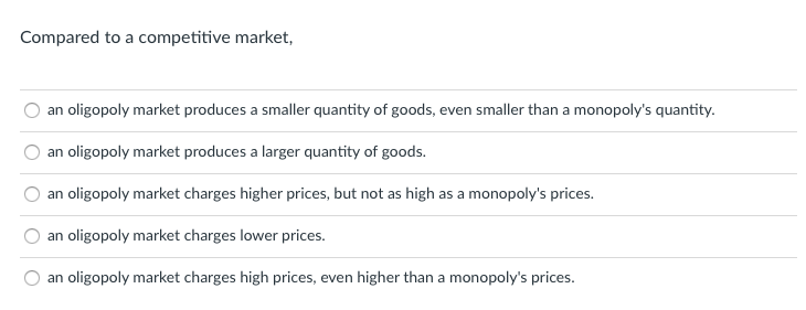 Compared to a competitive market,
an oligopoly market produces a smaller quantity of goods, even smaller than a monopoly's quantity.
an oligopoly market produces a larger quantity of goods.
an oligopoly market charges higher prices, but not as high as a monopoly's prices.
an oligopoly market charges lower prices.
an oligopoly market charges high prices, even higher than a monopoly's prices.
