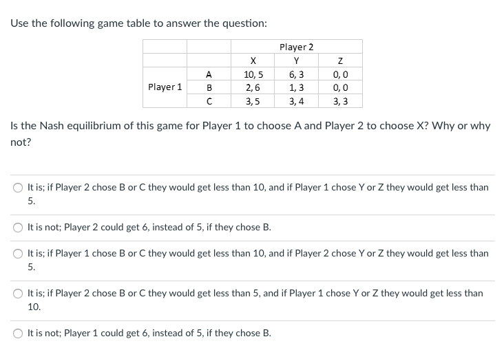 Use the following game table to answer the question:
Player 2
Y
6, 3
1, 3
A
10, 5
0,0
Player 1
B
2,6
0,0
3,5
3, 4
3, 3
Is the Nash equilibrium of this game for Player 1 to choose A and Player 2 to choose X? Why or why
not?
O It is; if Player 2 chose B or C they would get less than 10, and if Player 1 chose Y or Z they would get less than
5.
It is not; Player 2 could get 6, instead of 5, if they chose B.
O It is; if Player 1 chose B or C they would get less than 10, and if Player 2 chose Y or Z they would get less than
5.
It is; if Player 2 chose B or C they would get less than 5, and if Player 1 chose Y or Z they would get less than
10.
It is not; Player 1 could get 6, instead of 5, if they chose B.
