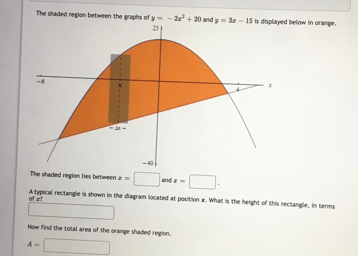 The shaded region between the graphs of y =
2x2 + 20 and y =
3x – 15 is displayed below in orange.
25
-6
- Ax -
- 40 -
The shaded region lies between x =
and x =
A typical rectangle is shown in the diagram located at position x. What is the height of this rectangle, in terms
of x?
Now find the total area of the orange shaded region.
A =
