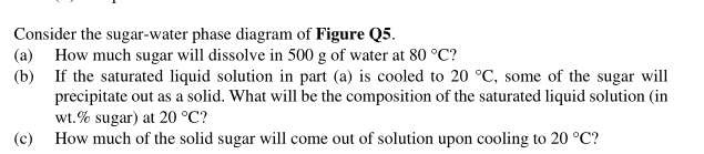 Consider the sugar-water phase diagram of Figure Q5.
(a) How much sugar will dissolve in 500 g of water at 80 °C?
(b) If the saturated liquid solution in part (a) is cooled to 20 °C, some of the sugar will
precipitate out as a solid. What will be the composition of the saturated liquid solution (in
wt. % sugar) at 20 °C?
(c) How much of the solid sugar will come out of solution upon cooling to 20 °C?
