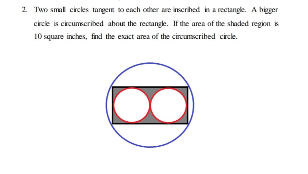 2. Two small circles tangent to each other are inscribed in a rectangle. A bigger
circle is circumscribed about the rectangle. If the area of the shaded region is
10 square inches, find the exact area of the circumscribed circle.
