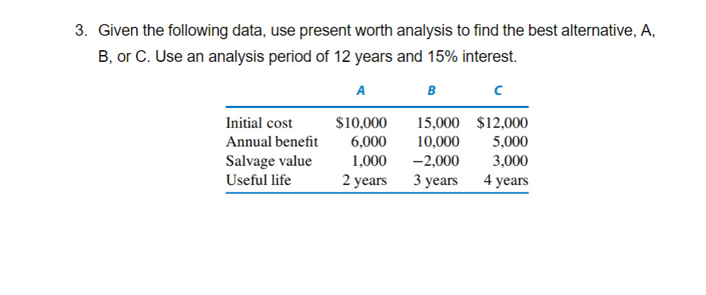3. Given the following data, use present worth analysis to find the best alternative, A,
B, or C. Use an analysis period of 12 years and 15% interest.
Initial cost
Annual benefit
Salvage value
Useful life
A
$10,000
6,000
1,000
2 years
B
15,000
10,000
-2,000
3 years
с
$12,000
5,000
3,000
4 years
